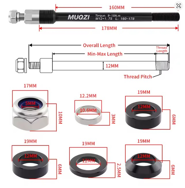 MUQZI Steckachse für Anhänger M12 x 1.0mm, Länge 160-178mm, schwarz