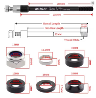 MUQZI Steckachse für Anhänger M12 x 1.5mm, Länge 160-178mm, schwarz